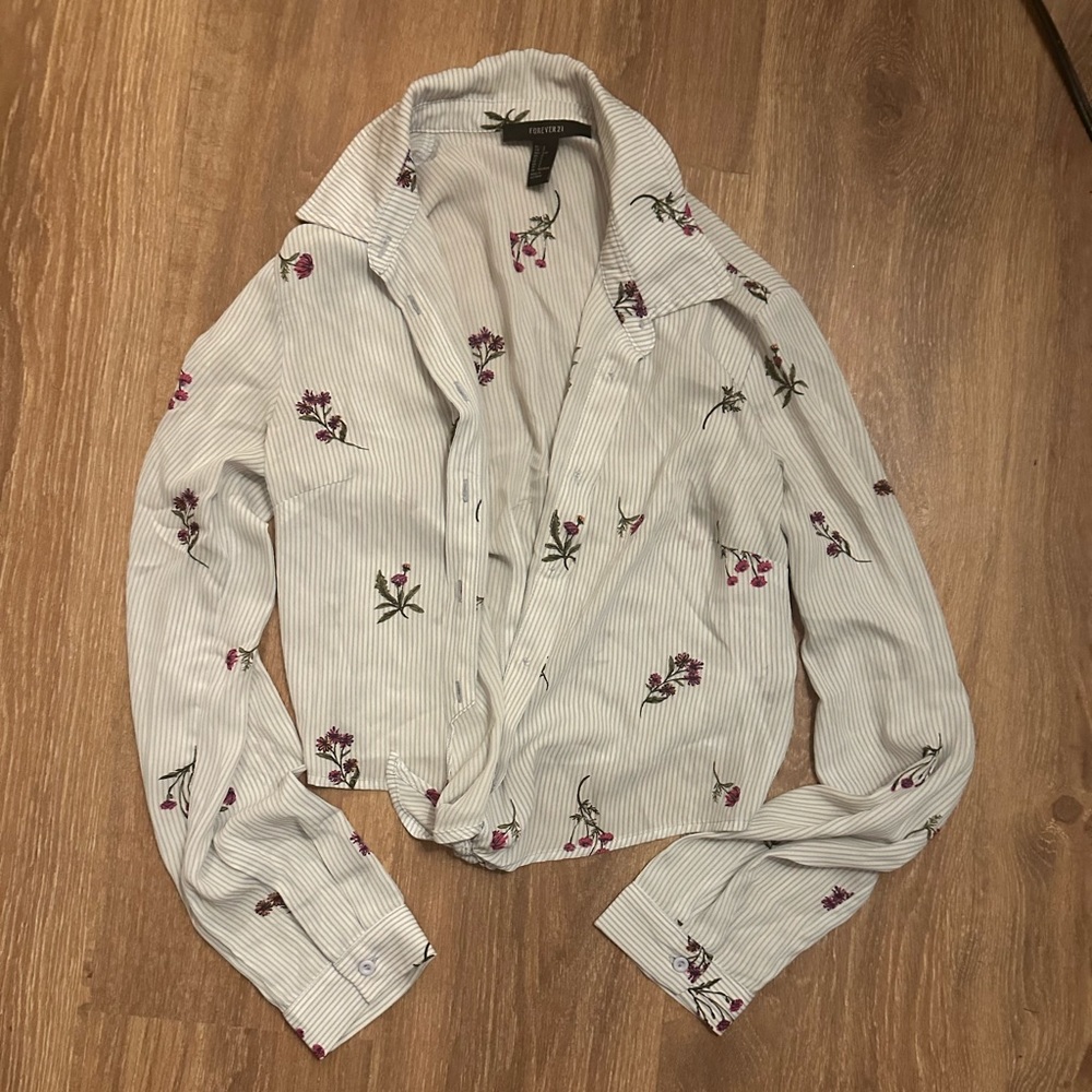 Button down sheer blue and purple floral tie crop top